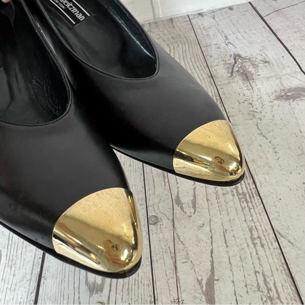 Stuart Weitzman Vintage Heels Black Gold Cap Toe Size 9 SS Narrow Leather READ - Picture 13 of 16